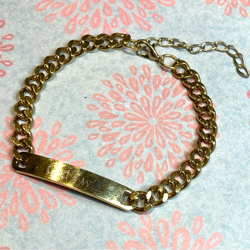 Gold Tone Thick Chunky Chain Bracelet "God's Will" Quote on Plate Adjustable